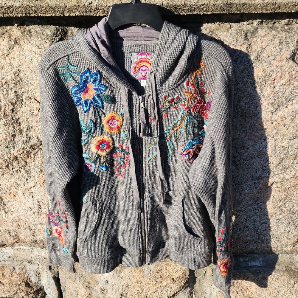 Johnny Was Ardell Thermal Gray Embroidered Zip Hoodie with Floral Accents Large